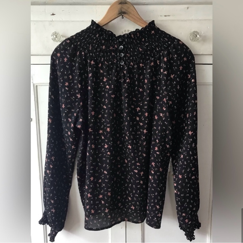 Madewell | Women’s black floral smocked mock neck/sleeve hem shirt size L - Picture 7 of 16